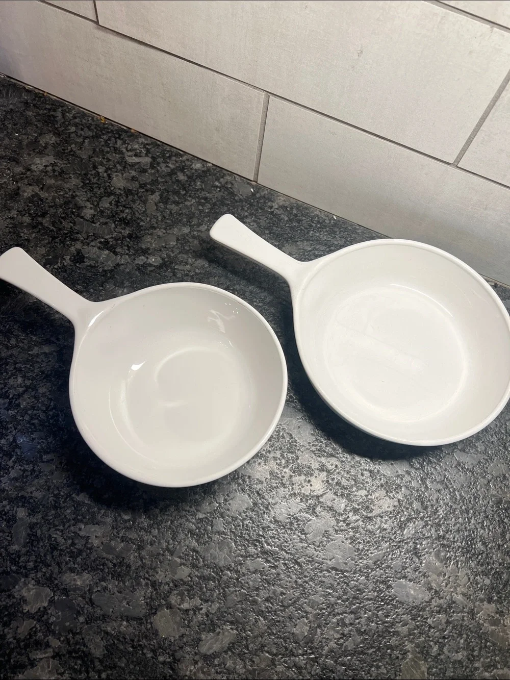 Vintage White Corningware handled Casserole Bowls with Cornflower Blue Pattern.
